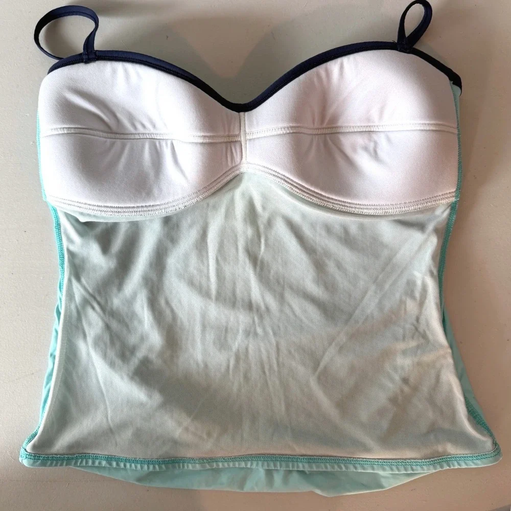 Tommy Bahama Aqua Blue Twist Front Tankini Top Navy Trim XL Swimwear